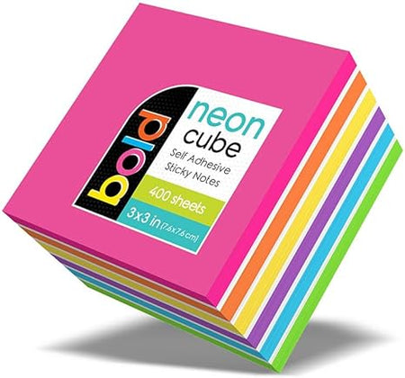 Neon Sticky Notes Cube, 3 x 3 Inches, Assorted Colors, 400 Sheets (34003)