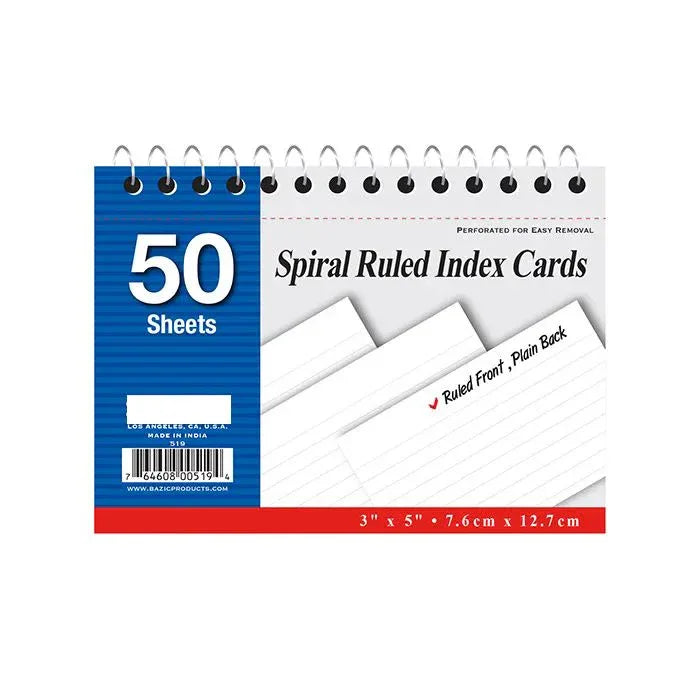 Spiral bound White Index Cards 3″ x 5″ Ruled 03558