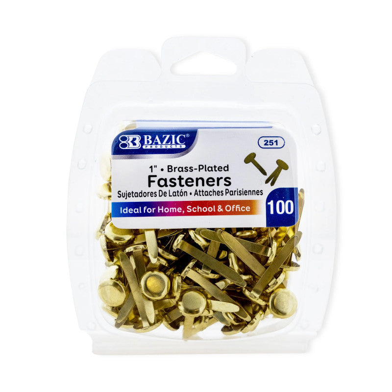 Brass-Plated Fasteners, 1", Pack of 100