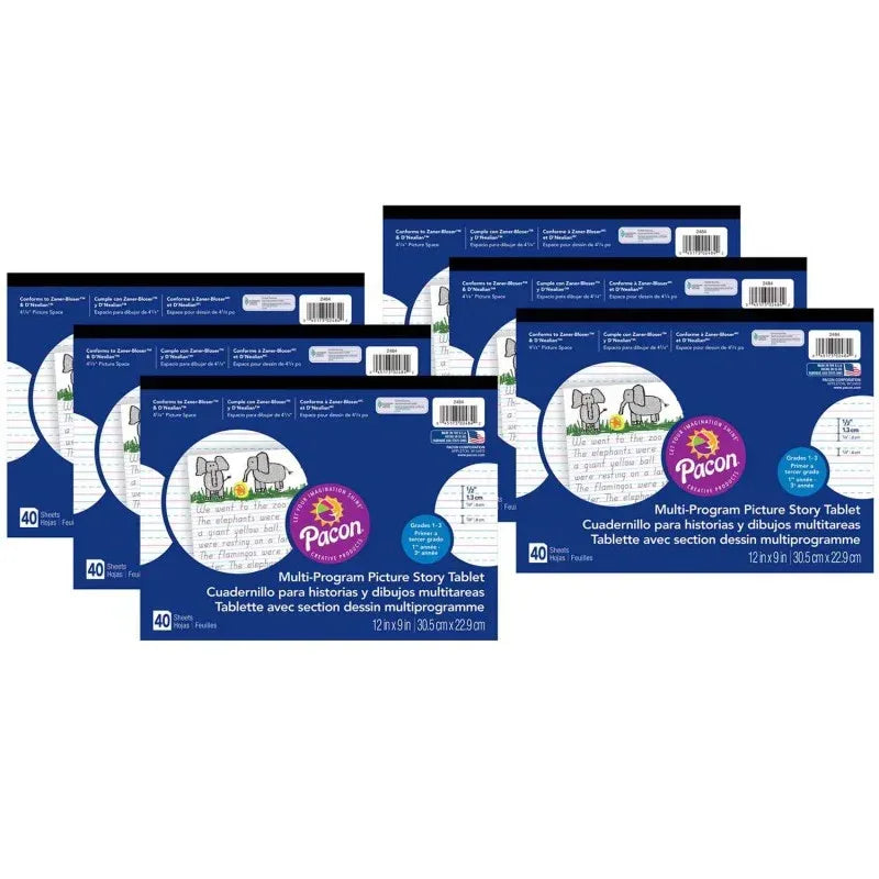 Multi-Program Handwriting Tablet, D'Nealian/Zaner-Bloser, 1/2" x 1/4" x 1/4" Ruled & 4-1/4" Picture Story Space, 12" x 9", 40 Sheets, Pack of 6