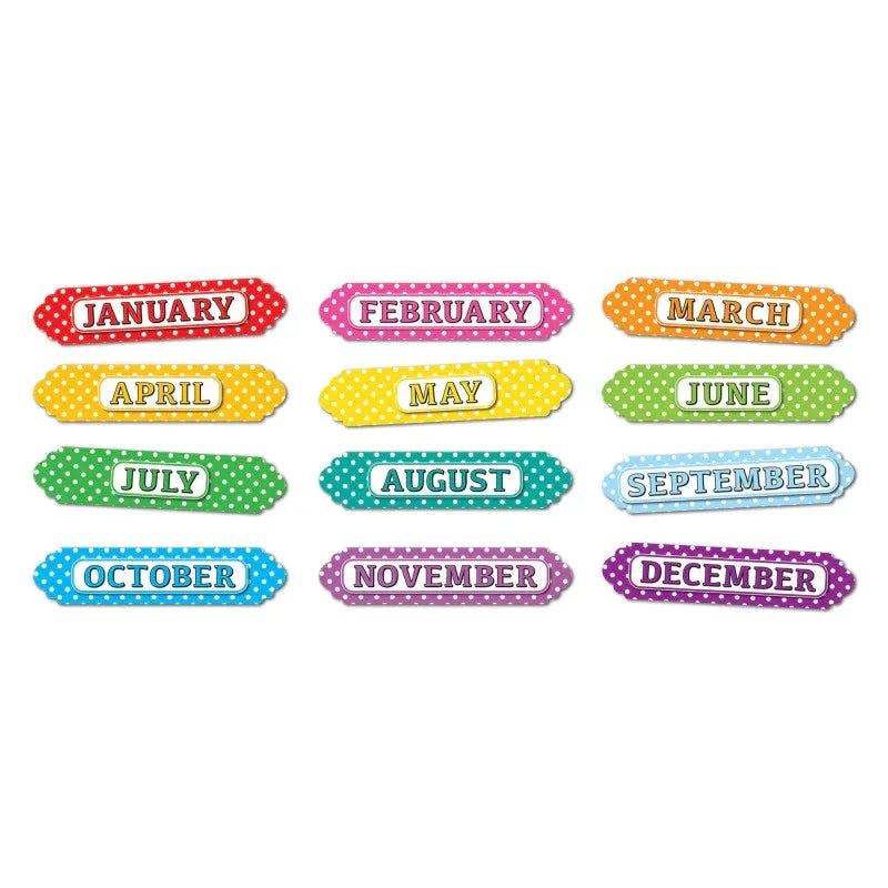 Magnetic Die-Cut Timesavers & Labels, Months of the Year, White Polka Dots On Assorted Colors, 12 Pieces
