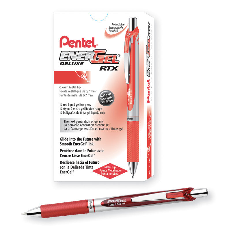 EnerGel RTX Retractable Liquid Gel Pen, (0.7mm) Metal Tip, Medium Line, Red Ink, 1 Dozen