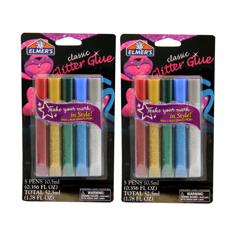 Washable Glitter Glue Pens, Classic Rainbow, 5 Count, Pack of 2