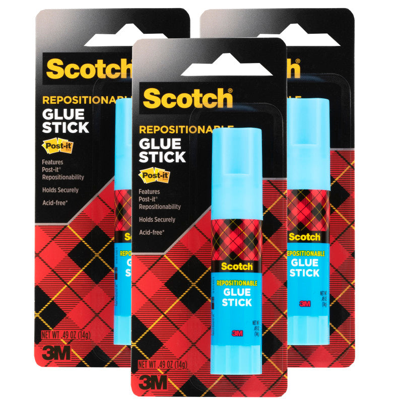 Restickable Glue Stick, .49 oz, Pack of 3