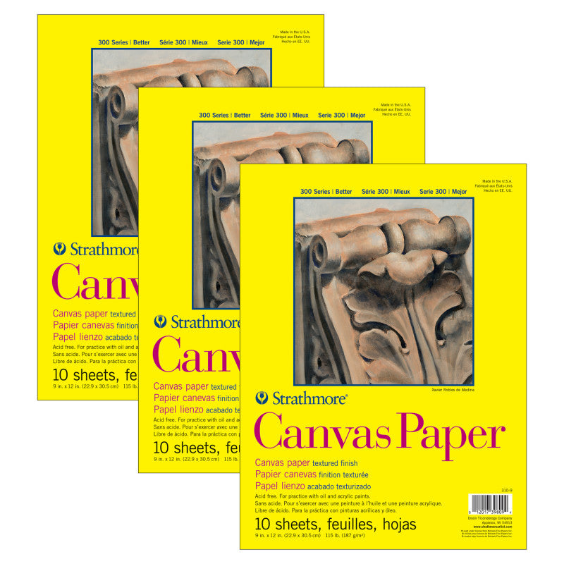 300 Series Canvas Paper Pad, Glue Binding, 10 Sheet, 9x12 inch, Pack of 3