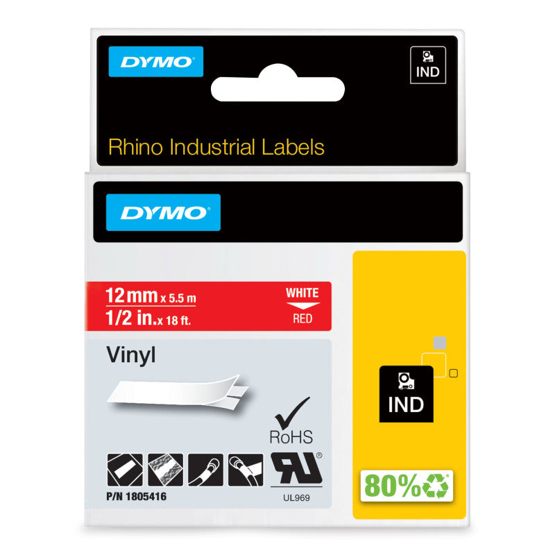 DYMOÂ® Rhino Industrial Vinyl Labels, 1/2", White Print on Red Tape