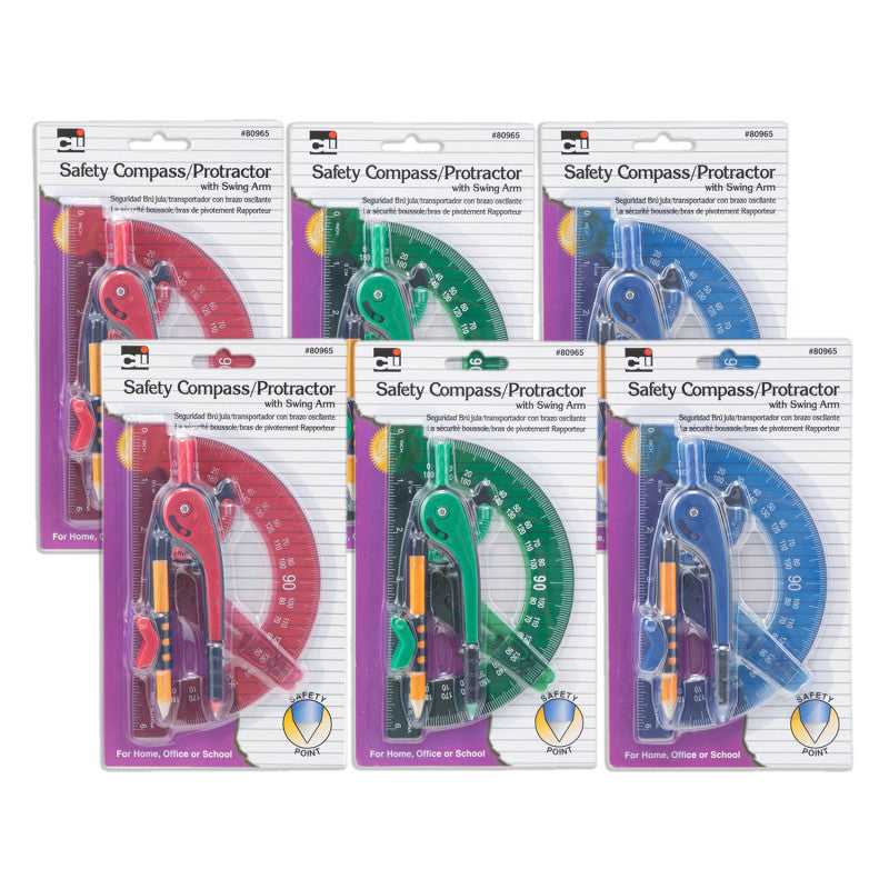 Safety Compass & 6" Swing Arm Protractor, Assorted Colors, 6 Sets 55fcc7f17aded72dfc3d54dd6cf961719c5b6609