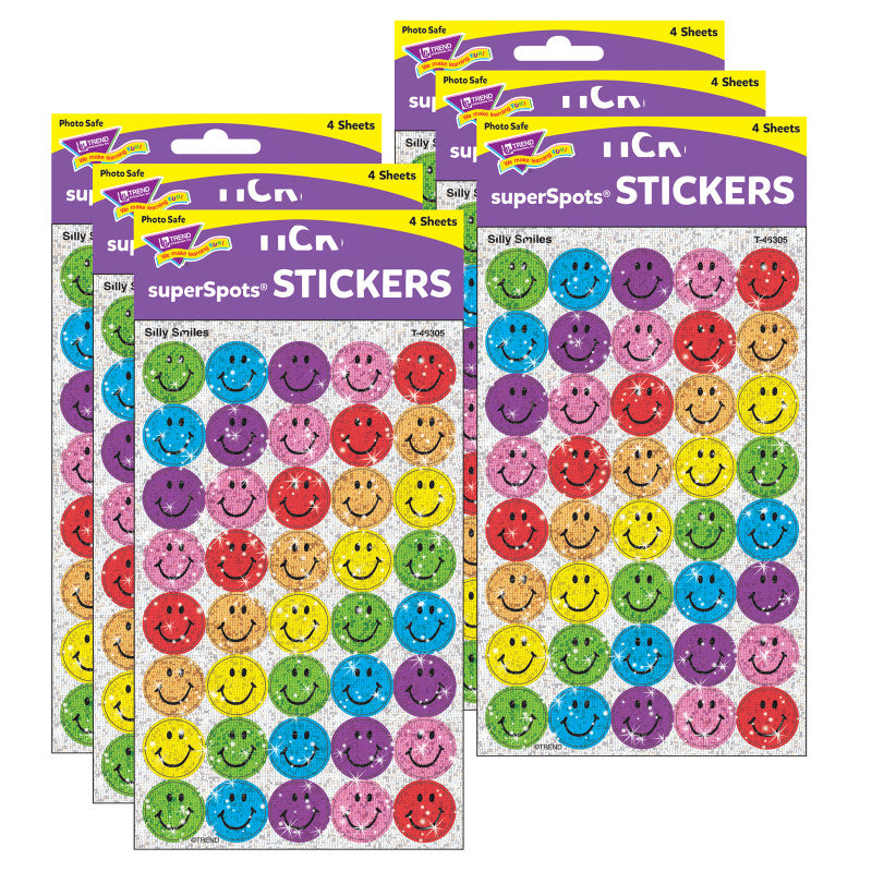 Silly Smiles superSpots&reg; Stickers-Sparkle, 160 Per Pack, 6 Packs