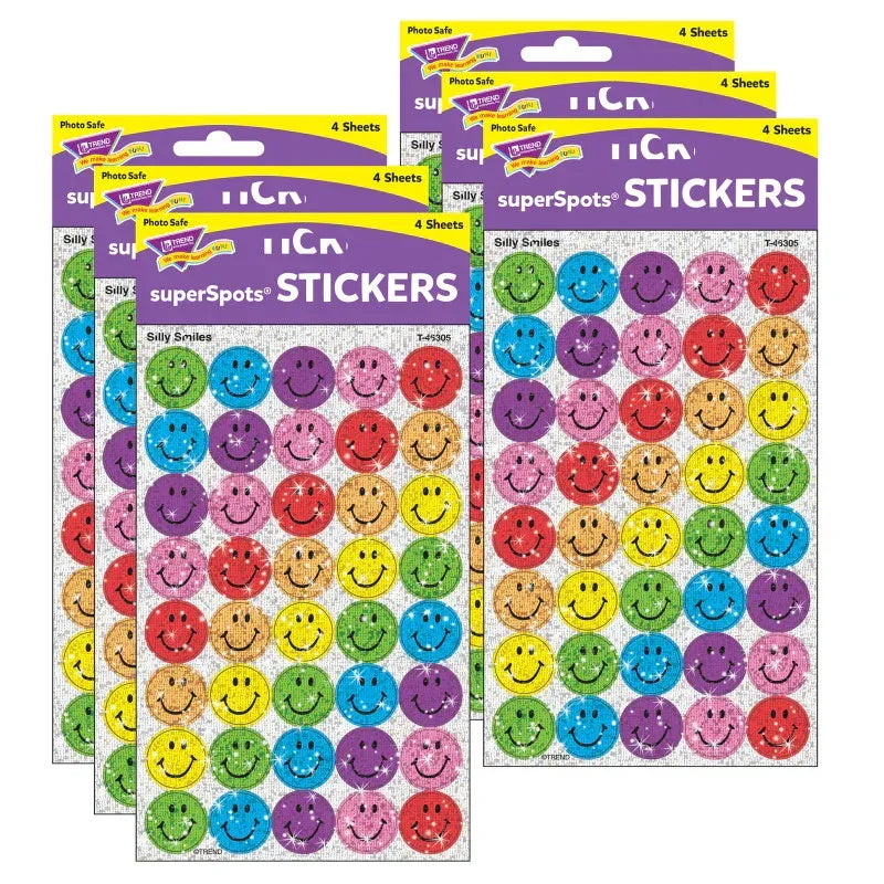Silly Smiles superSpots&reg; Stickers-Sparkle, 160 Per Pack, 6 Packs