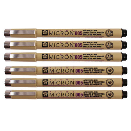 Pigma Micron Pen, Black, 0.20mm Size 005, Pack of 6