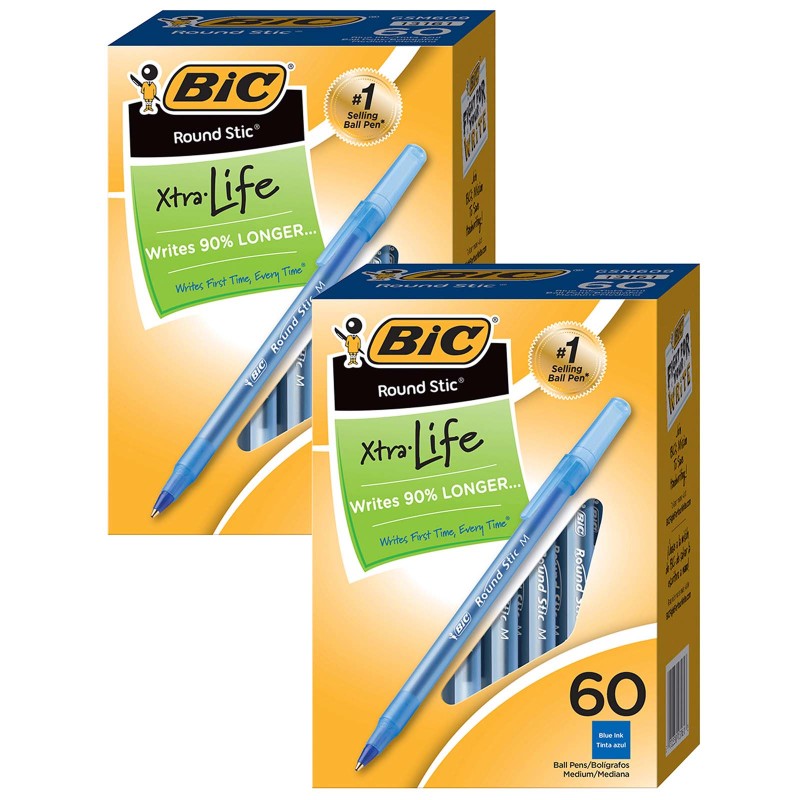 Round Stic&reg; Xtra Life Ball Pen, Blue, 60 Per Pack, 2 Packs