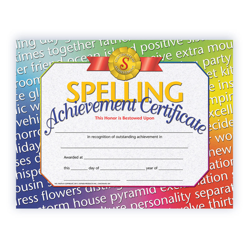 Spelling Achievement Certificate, 8.5" x 11", Pack of 30