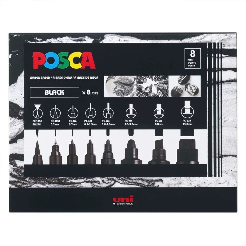uni® POSCA PC-MIX Water-Based Paint Markers, Assorted Black Tips, 8 Pack