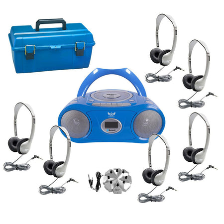 6-Station Listening Center with AudioAce&trade; Bluetooth&reg; Boombox, 6 SchoolMate Personal-Sized Headphones, Jackbox & Carry Case