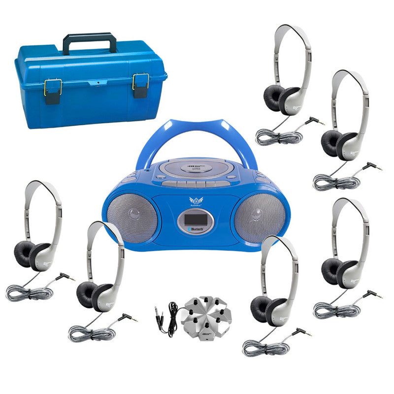 6-Station Listening Center with AudioAce&trade; Bluetooth&reg; Boombox, 6 SchoolMate Personal-Sized Headphones, Jackbox & Carry Case