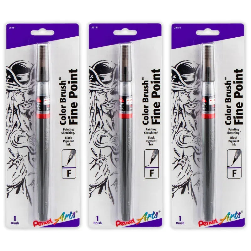 Color Brush with Pigment Ink, Fine Tip, Black, Pack of 3