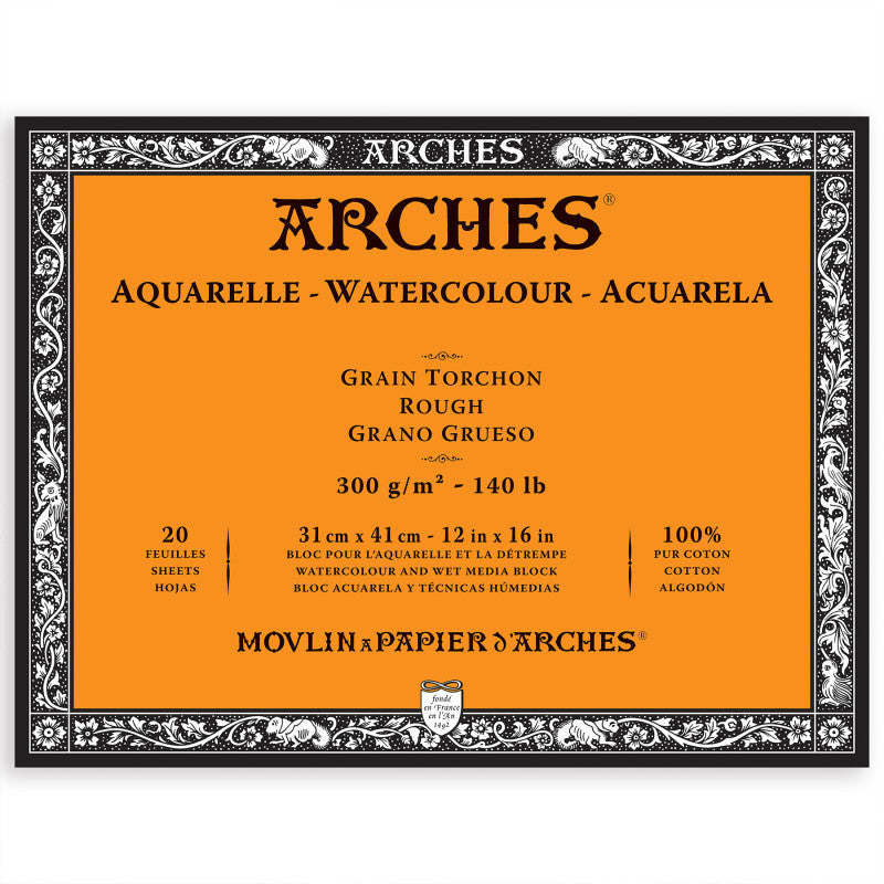 Arches Aquarelle Watercolor Paper Block, Rough, Natural White, 140lb/300gsm, 20 Sheet, 12x16 inch, 1 Count