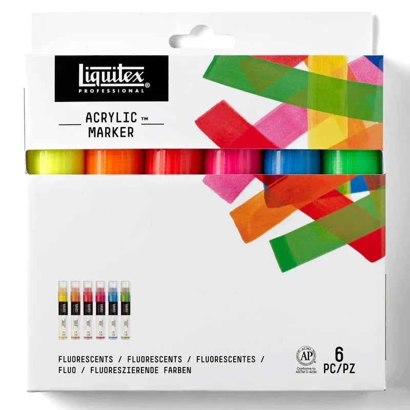 Professional Acrylic Paint Marker, Wide Chisel Nib, 15 mm, Fluorescent Colors, Set of 6
