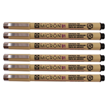 Pigma Micron Pen, Black, 0.25mm Size 01, Pack of 6