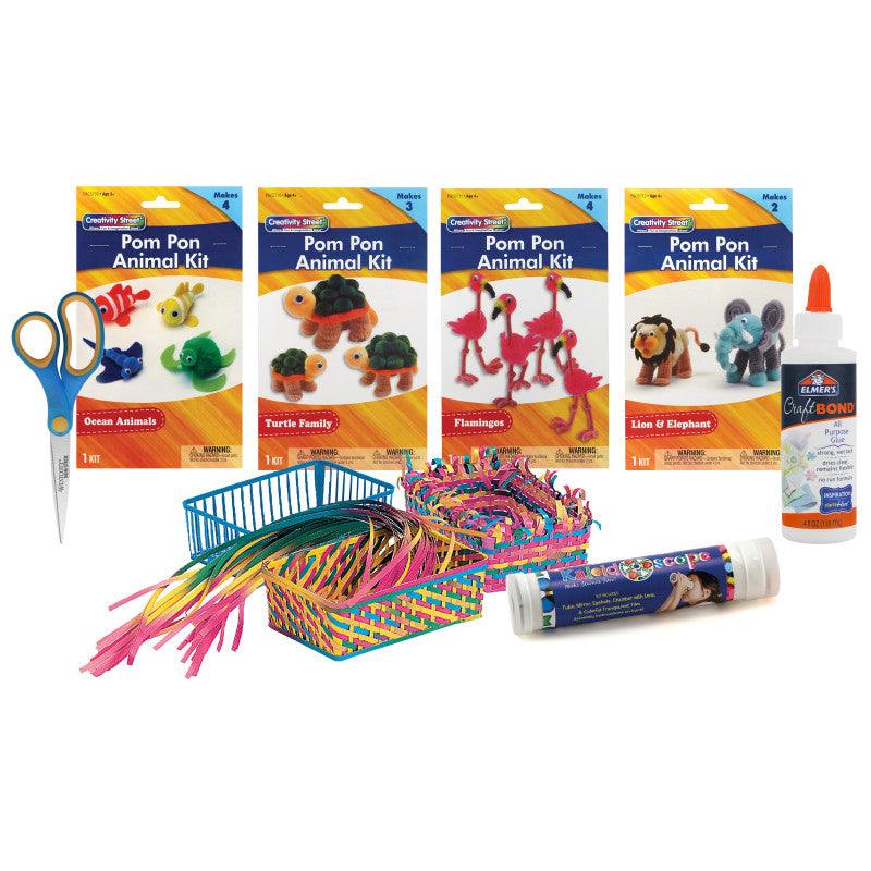 All-in-One Group Craft Kit, Weaving Baskets, Kaleidoscopes, Pom Pon Animals, Glue & Scissors