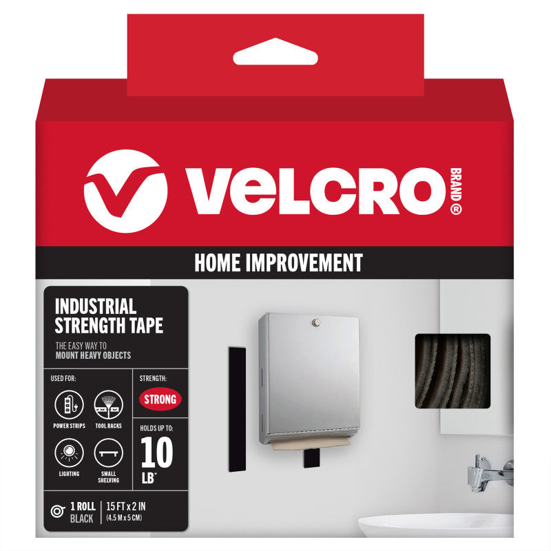 Industrial Strength Hook and Loop Tape, 15 ft x 2 in, Black