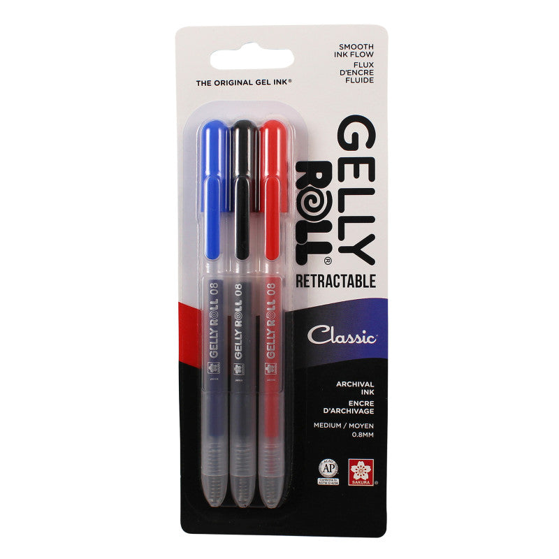 Retractable Classic Gel Pens, 08 Medium Point, Assorted Colors, 3-Pack, Blister Card