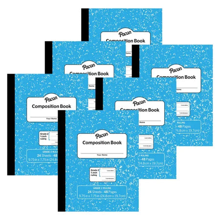 Composition Book, Grade 2, Blue Marble, 3/4" x 3/8" x 3/8" Ruled, 9-3/4" x 7-3/4", 24 Sheets, Pack of 6