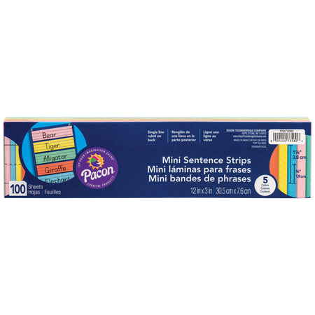 Mini Sentence Strips, 5 Assorted Colors, 1-1/2" x 3/4" Ruled, 3" x 12", 100 Strips
