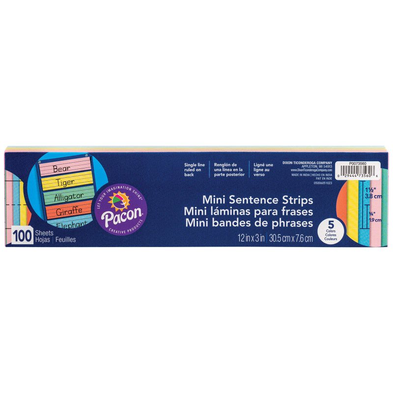 Mini Sentence Strips, 5 Assorted Colors, 1-1/2" x 3/4" Ruled, 3" x 12", 100 Strips