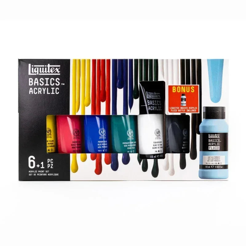 BASICS Acrylic Paint & Fluid Set, Basic Colors, 118 mL, Set of 7