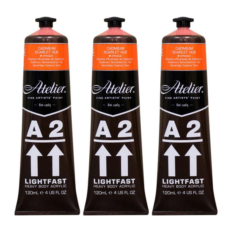 A2 Heavy Body Lightfast Artist Acrylic, 4 oz., Cadmium Scarlet Hue, Pack of 3