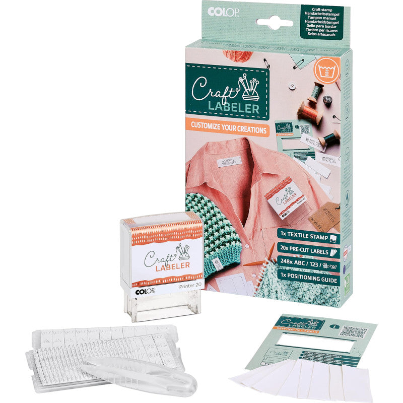 Customizable Sew-In Clothing Label Stamp Kit with Washable Ink and 20 Fabric Labels