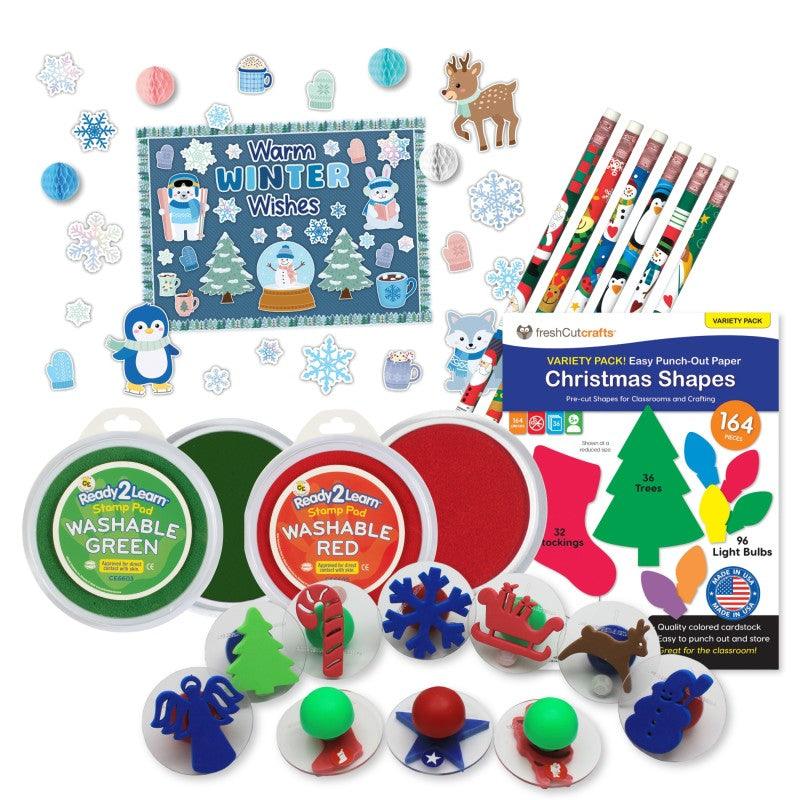 Christmas Craft Party Kit, Winter Decorations, Stampers, Stamp Pads, Pencils & Paper Cutouts