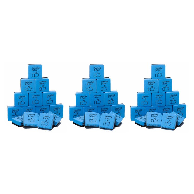 Mini Whiteboard Eraser, Felt/Foam, 2"x2" "Learning is Fun", Blue/Black, 15 Per Pack, 3 Packs