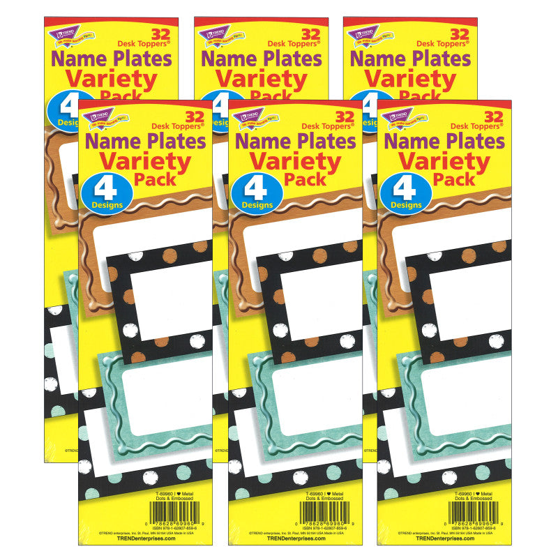 I &hearts; Metal&trade; Dots & Embossed Desk Toppers&reg; Name Plates Variety Pack, 32 Per Pack, 6 Packs