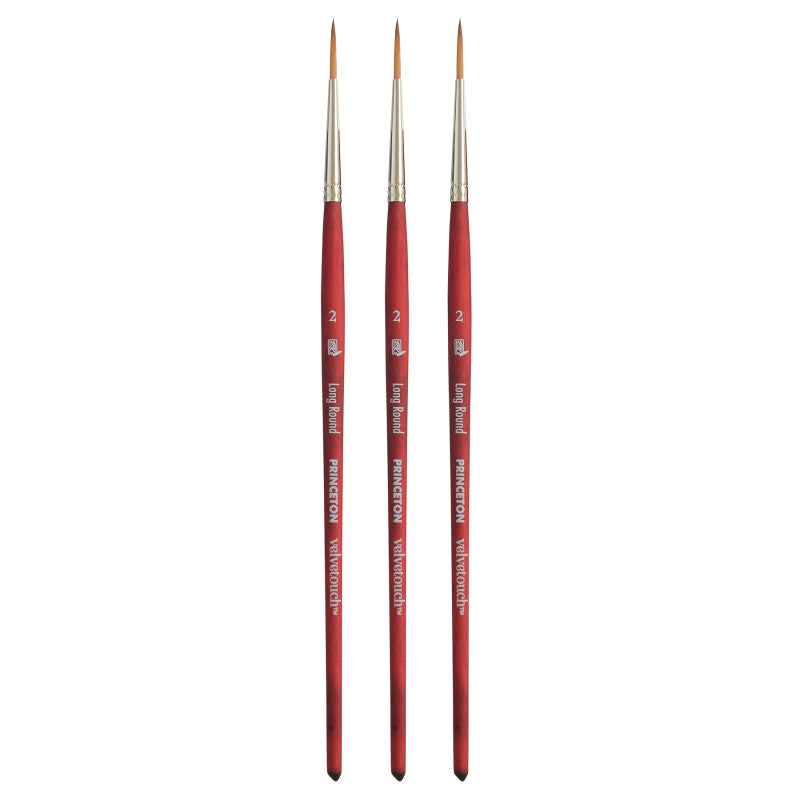 Velvetouch Long Round Brush, Synthetic Bristles, Short Handle Mixed Media Paintbrush, Scarlet, Size 2, Pack of 3