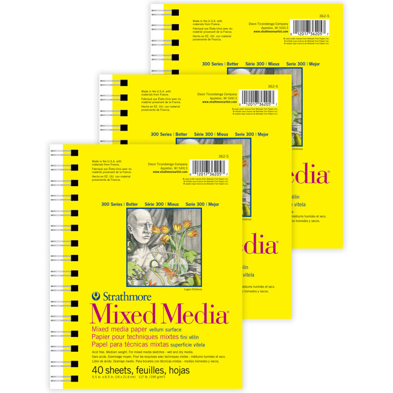 300 Series Mixed Media Pad, Side Wire Binding, 40 Sheet, 5.5x8.5 inch, Pack of 3