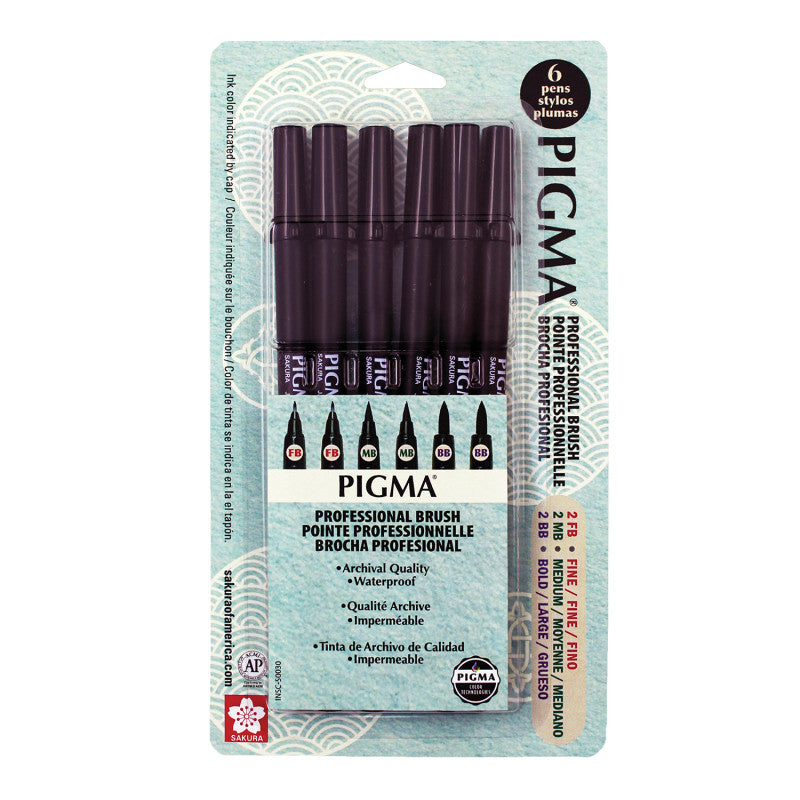 Pigma Professional Brush Pen, Assorted Sizes, 6-Pack