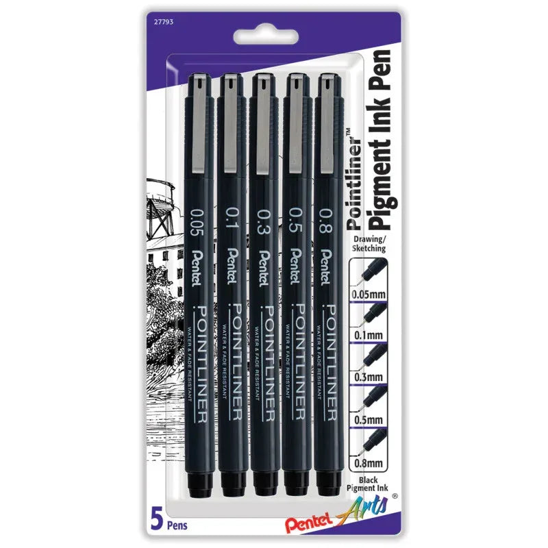 Pointliner Pen, Assorted Sizes, Black Pigment Ink, 5-Pack