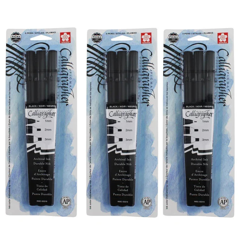 Pigma Calligrapher, Black, Assorted Sizes, 3 Per Set, 3 Sets