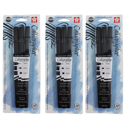 Pigma Calligrapher, Black, Assorted Sizes, 3 Per Set, 3 Sets