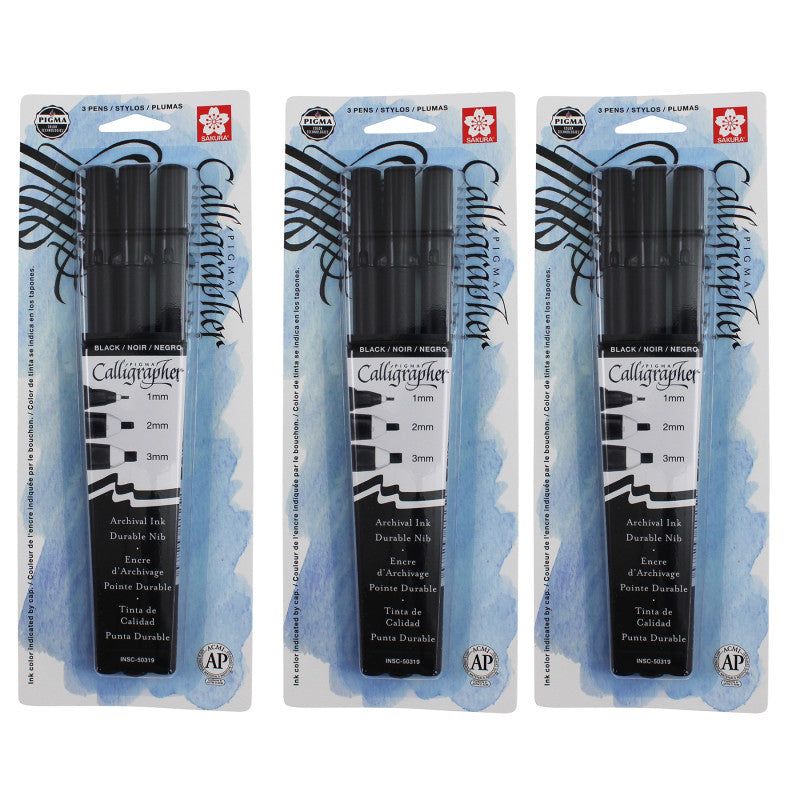 Pigma Calligrapher, Black, Assorted Sizes, 3 Per Set, 3 Sets