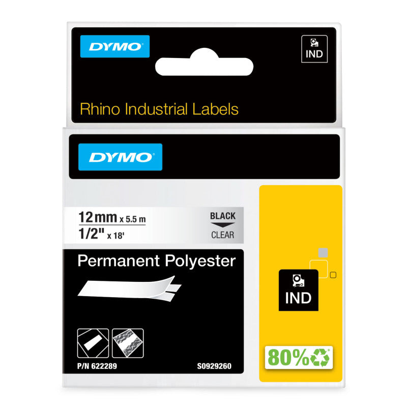 DYMOÂ® Rhino Industrial Permanent Polyester Labels, 1/2", Black Print on Clear Tape