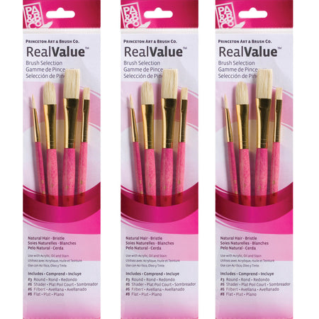 RealValue Brush Set, Natural Bristles, Short Handle Mixed Media Paintbrush, Pink, 4 Per Set, 3 Sets