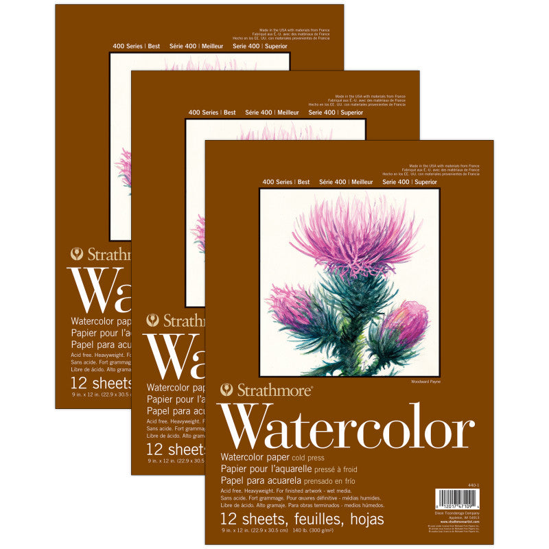 400 Series Watercolor Pad, Top Wire Binding, 12 Sheet, 9x12 inch, Pack of 3