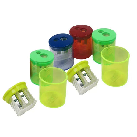Two-Hole Pencil Sharpener with Receptacle, Assorted Colors, Pack of 6