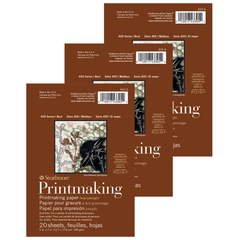 400 Series Printmaking Paper Pad, Heavyweight, Glue Binding, 20 Sheet, 5x7 inch, Pack of 3