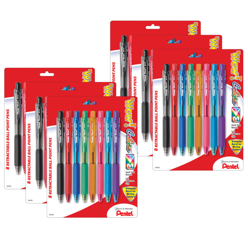 WOW!&trade; Retractable Ball Point Pens, Assorted, 8 Per Pack, 6 Packs