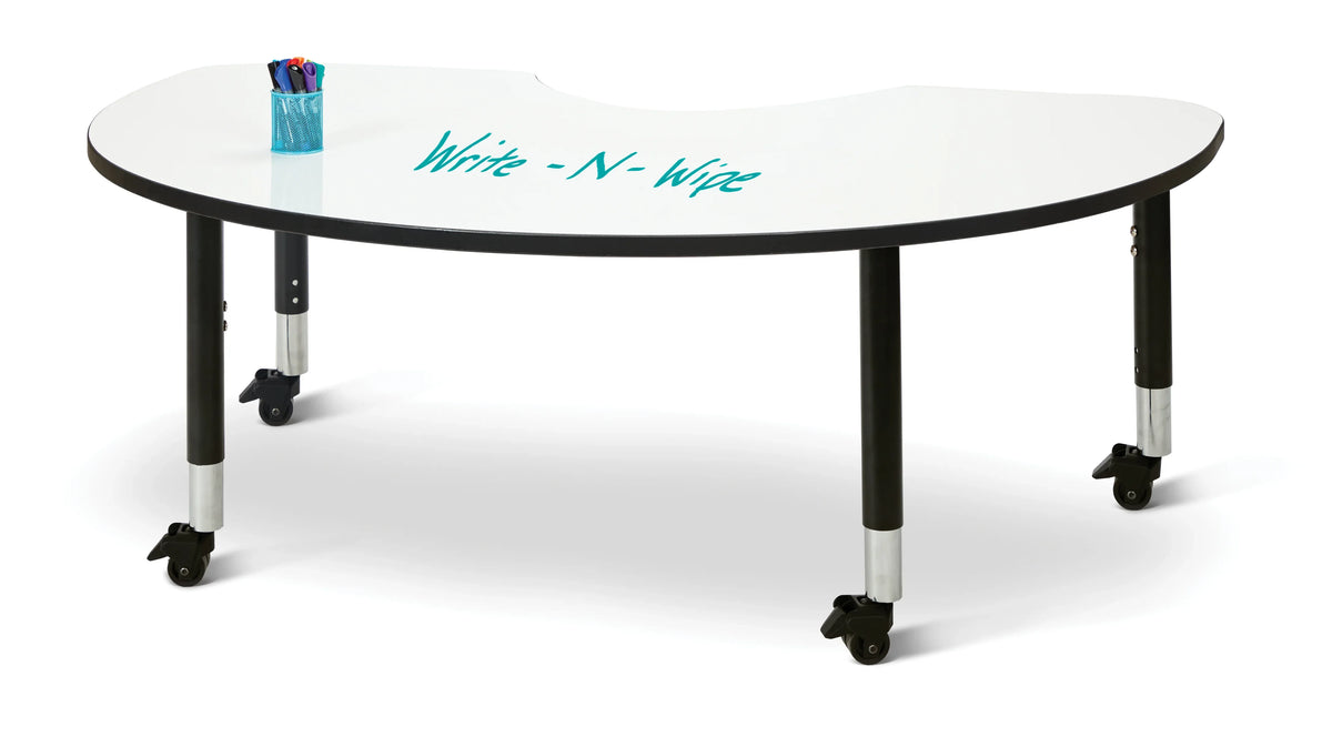Berries® Kidney Dry Erase Table - 72" x 48", Mobile - Write-n-Wipe/Black/Black