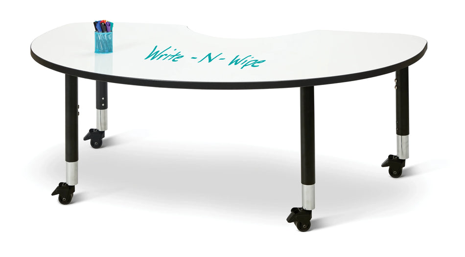 Berries® Kidney Dry Erase Table - 72" x 48", Mobile - Write-n-Wipe/Black/Black